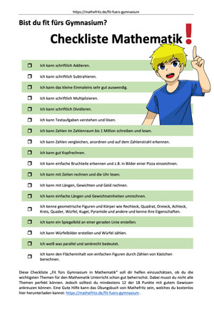 Checkliste Fit fürs Gymnasium in Mathe